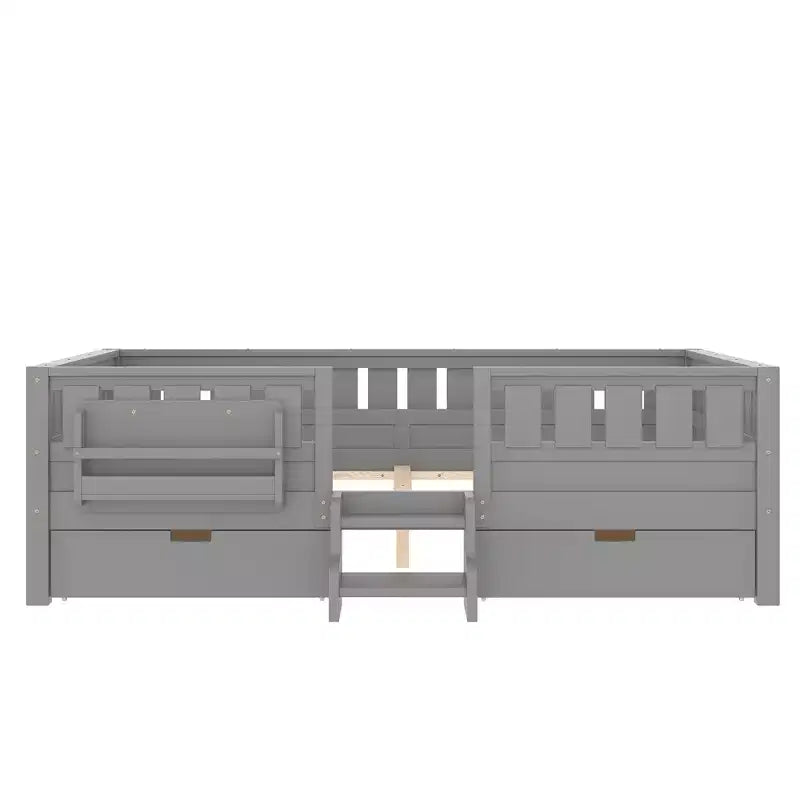 Lit pour enfant Bellemave format queen avec 14 barrières de sécurité, cadre de lit compact avec bibliothèque intégrée et 2 tiroirs de rangement sous le lit