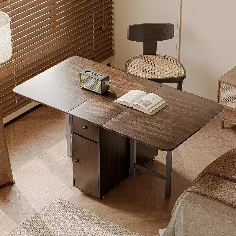 ATJafurn opklapbare eettafel van 59 inch met neerklapbare bladen voor kleine ruimtes, rechthoekige uitschuifbare houten keukentafel met wielen en opbergruimte