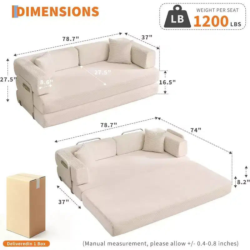 Canapé-lit convertible 5 en 1, banquette modulaire en velours côtelé de 78.8 avec cadre robuste, futon multifonction pour petits espaces, salon et chambre d’amis
