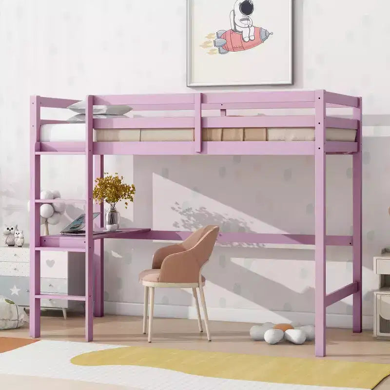 Lit mezzanine minimaliste Okak avec échelle, lit mezzanine pour lit simple en bois d’hévéa avec garde-corps de sécurité et bureau intégré, cadre de lit pour enfants et adolescents
