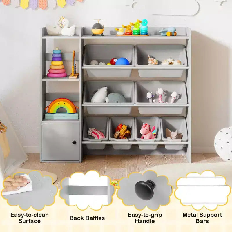 Costway Spielzeugaufbewahrung und Bücherregal für Kinder, Bücherregal aus Holz mit 4 kleinen und 4 großen Boxen, Grau/Weiß