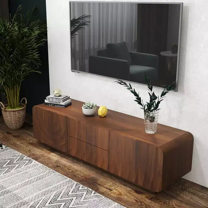 Mobile TV JVNOXK da 58 pollici, design a spirale ondulata di metà secolo, con armadietto contenitore e due cassetti, adatto per soggiorno o camera da letto, noce