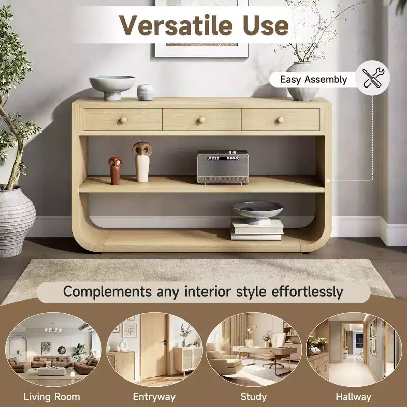 ModernLuxe gebogen sidetable, haltafel, bijzettafel naast de bank, displaystandaard en accenttafel met 3 softclose-lades en 2 open vakken