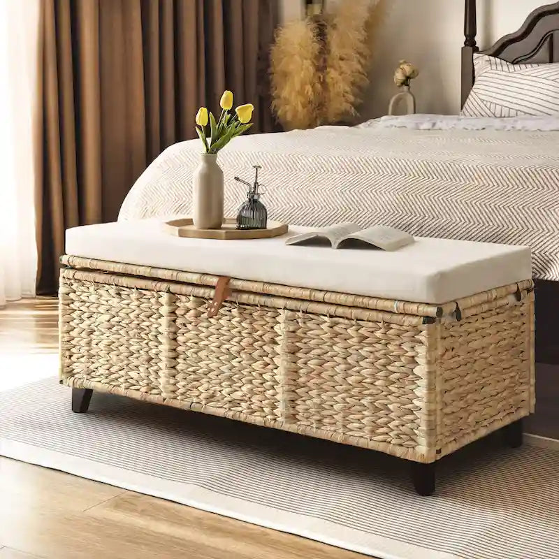 Aufbewahrungsbank aus Korbgeflecht mit Kissen für Schlafzimmer, Wohnzimmer oder Veranda - 18.5 H X 43.3 W X 18.5 D