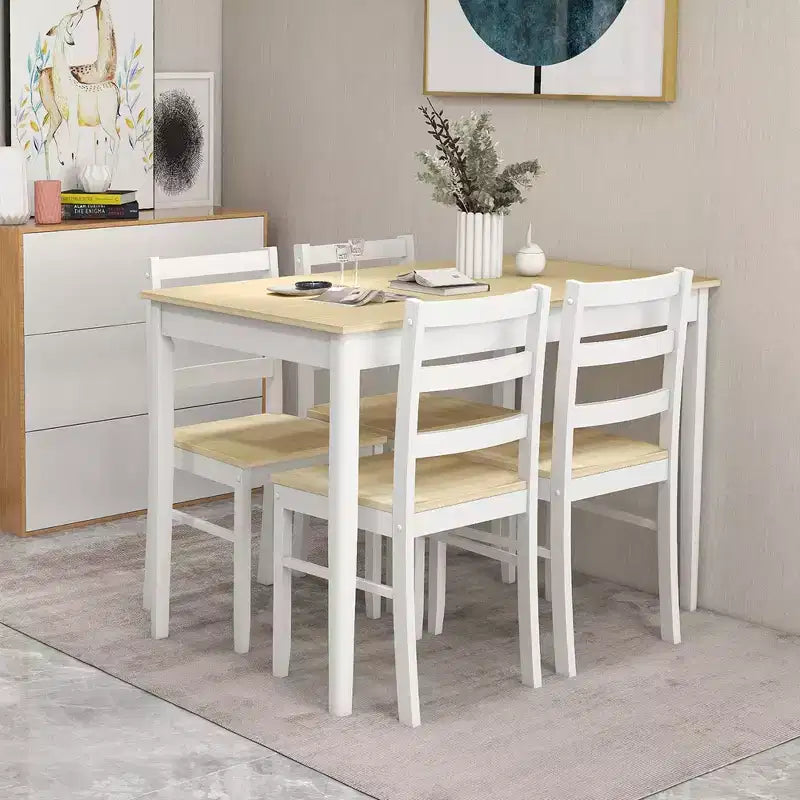 Costway 5-delige eetkamerset van massief hout, keukenmeubels met rechthoekige tafel en 4 stoelen, naturel/koffiekleur/grijs