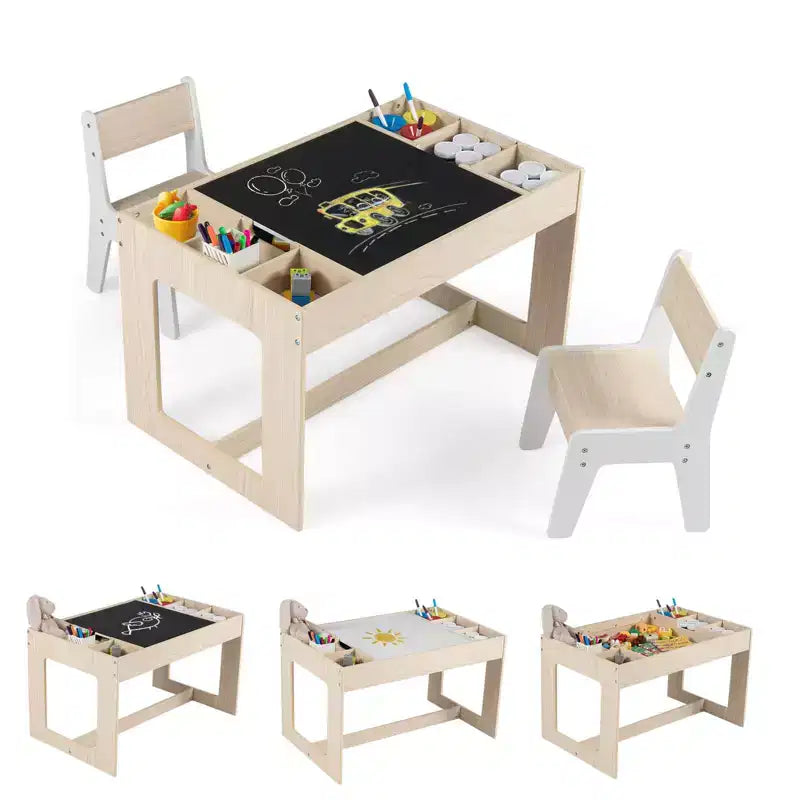 Costway multifunktionales Kindertisch- und 2-Stühle-Set mit abnehmbarer, doppelt großer Tischplatte, Grau + Weiß/Natur + Weiß