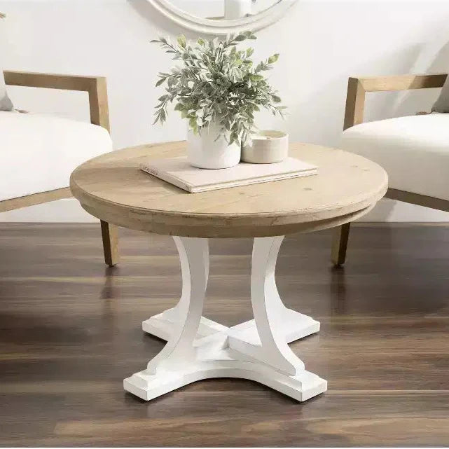 Round Wood Coffee Table, Rustic Brown & White, Criss-Cross Base