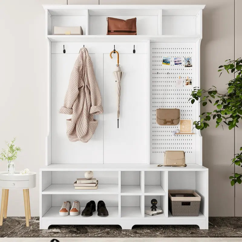 GDFStudio - Appendiabiti multifunzione Finn con panca portascarpe, pannello forato e ampio spazio contenitivo
