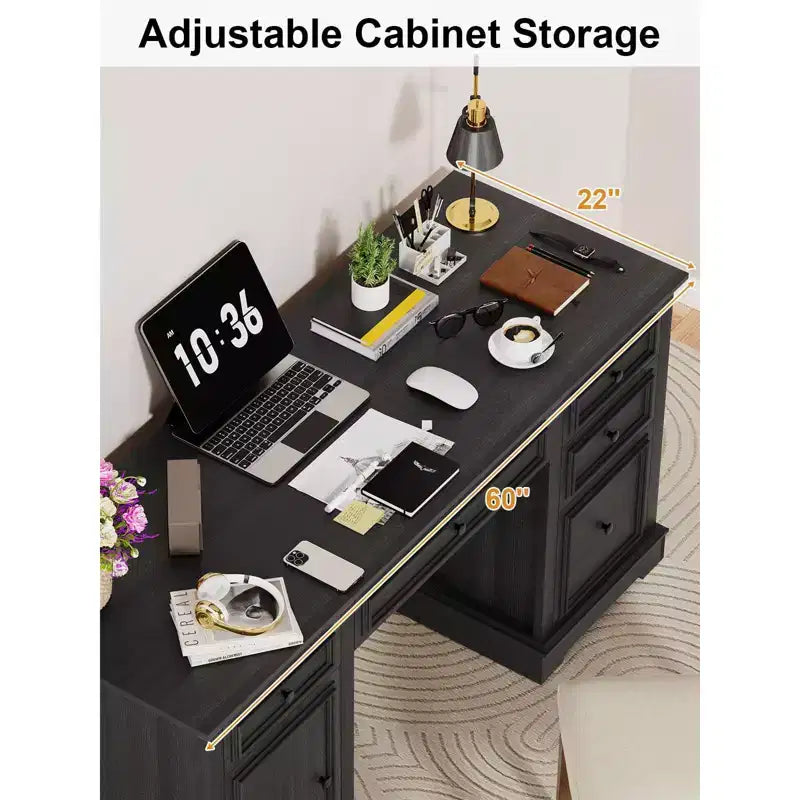Dyonery 60-Zoll-Schreibtisch im Landhausstil mit Schubladen und Aktenschrank, Schreibtisch aus Holz mit geprägter Struktur fürs Homeoffice, Schwarz/Braun/Weiß und Braun