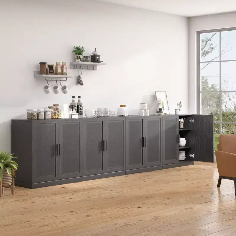 Armoire décorative de rangement noire de 62 de haut, avec portes tressées effet bois et 12 étagères
