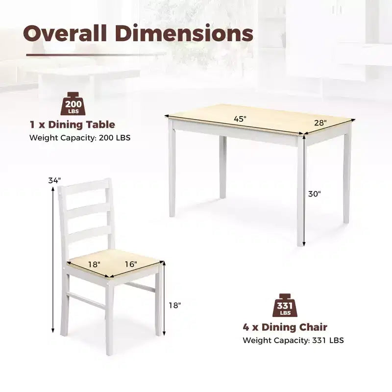Costway 5-delige eetkamerset van massief hout, keukenmeubels met rechthoekige tafel en 4 stoelen, naturel/koffiekleur/grijs