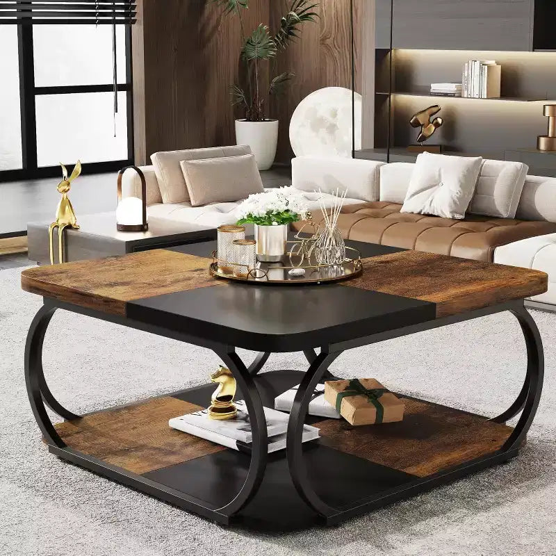 Quadratischer Couchtisch, 40 Zoll, mit 2 Ebenen, niedriger Landhausstil-Tisch mit Ablagefach fürs Wohnzimmer, Schwarz und Rustikales Braun