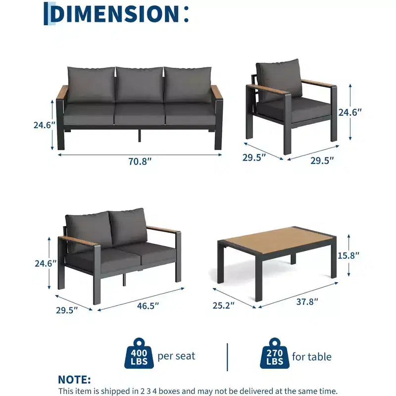 Set di mobili da patio in alluminio, divano componibile da esterno con 5 cuscini spessi, 4 braccioli e tavolino da caffè per giardino, terrazza e cortile