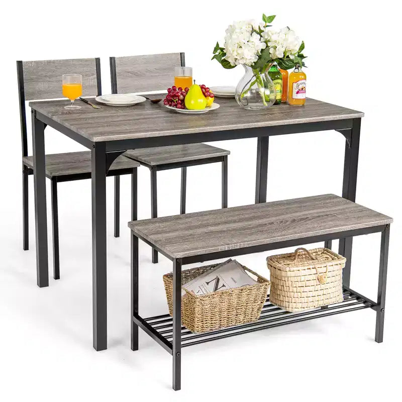 Costway 4-teiliges Esszimmer-Set, rustikaler Tisch, 2 Stühle und Bank mit Ablageregal