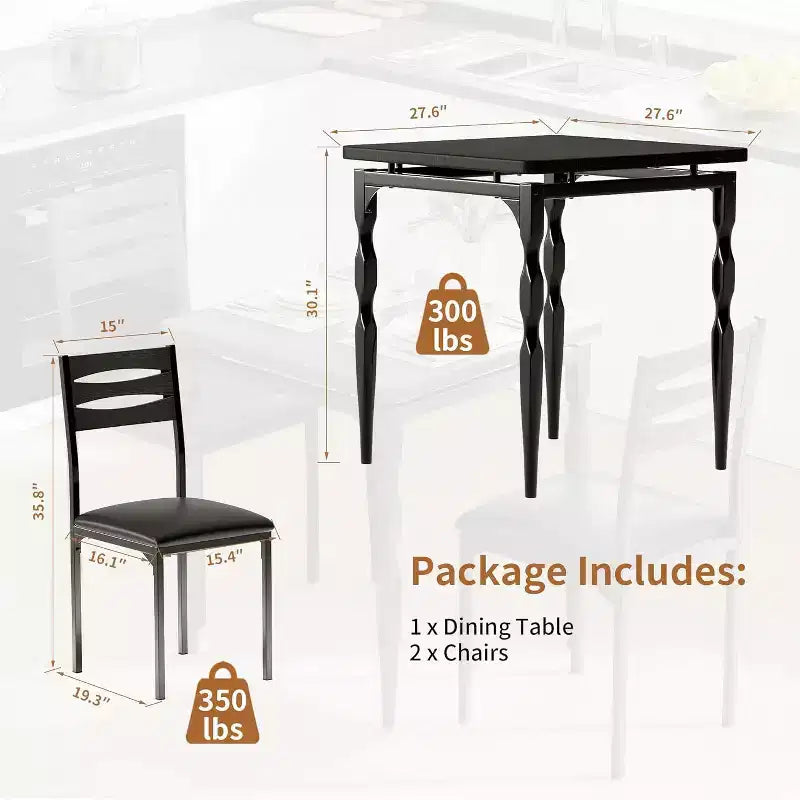 Eetset van 3 delen voor kleine ruimtes, tafel en 2 stoelen met spiraalpoten, compacte keukentafelset voor appartementen