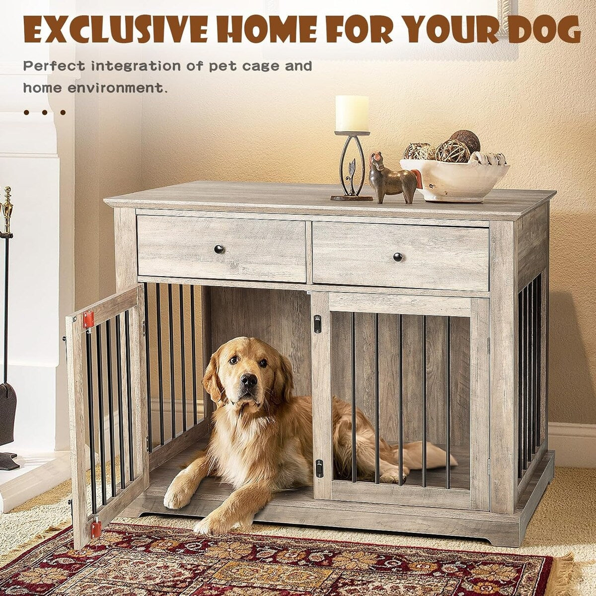 Cuccia per cani BOSSIN da 44 pollici, mobile in legno con tavolino laterale e cassetti contenitori, cuccia decorativa per animali domestici