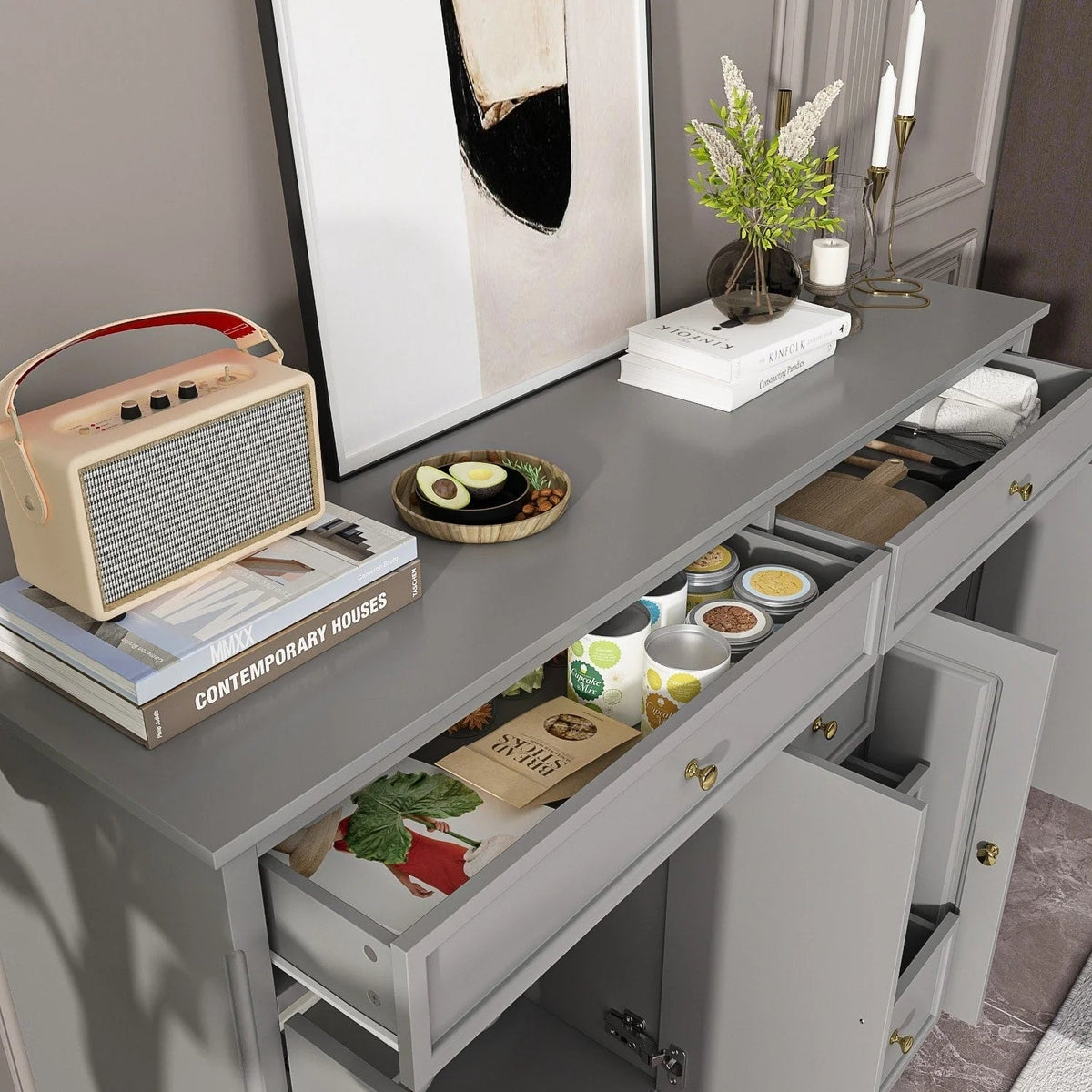 Buffet blanc à portes et tiroirs de 59.1, style moderne du milieu du siècle, laqué contemporain