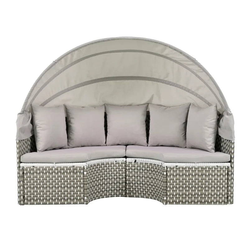 Rundes Outdoor-Tagesbett, Sonnenliege mit zweifarbigem Geflecht und ausziehbarem Sonnendach