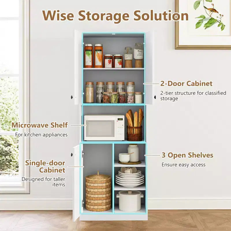 Costway Küchenschrank mit Vorratsaufbewahrung, 65.5 hoch, moderner Buffetschrank mit Mikrowellenständer, Braun/Weiß