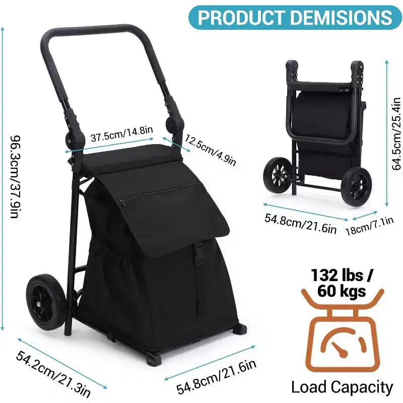 Carrello pieghevole Acekool 2-in-1 con borsa impermeabile rimovibile, cuscino di seduta spesso e manico regolabile antiscivolo, nero