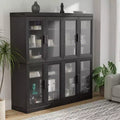 Armoire de rangement décorative haute de 62, en bois à grain apparent avec portes en verre noir et espace suffisant pour 12 étagères