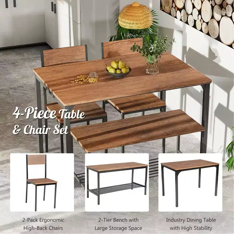 Costway eettafelset met 4 delen, rustieke tafel, 2 stoelen en bank met opbergrek