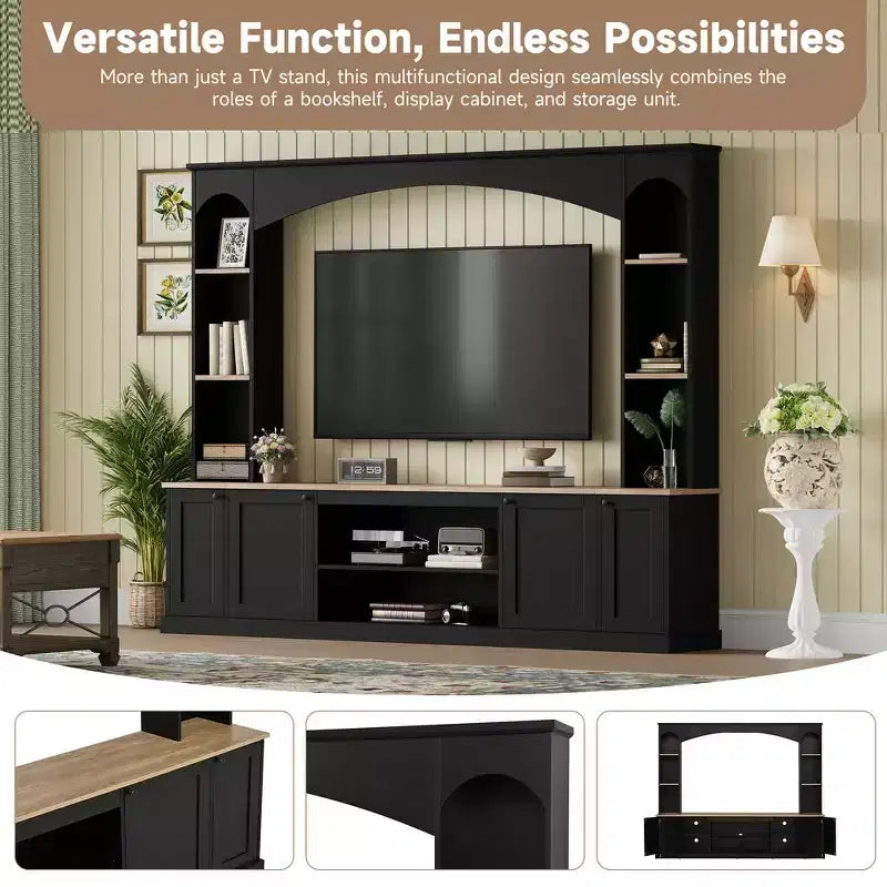 Whisen 91 Medienkonsole, geschwungene Entertainment-Center-Wandeinheit, TV-Schrank im Landhausstil mit Bücherregal in Holzoptik für Fernseher bis zu 70