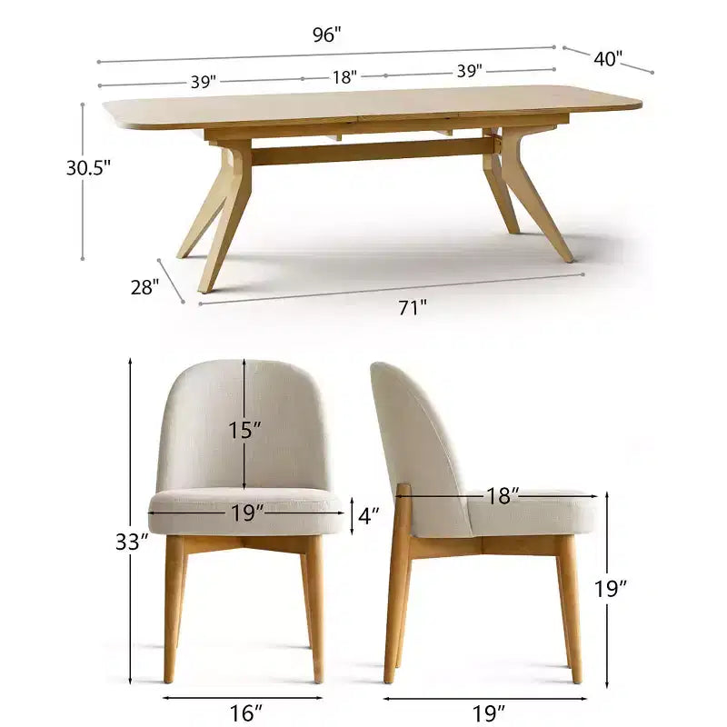 Eetkamerset met 7 delen, uitschuifbare tafel van 78-96 met schraagonderstel en gestoffeerde stoelen met poten van massief hout-Panipeachy