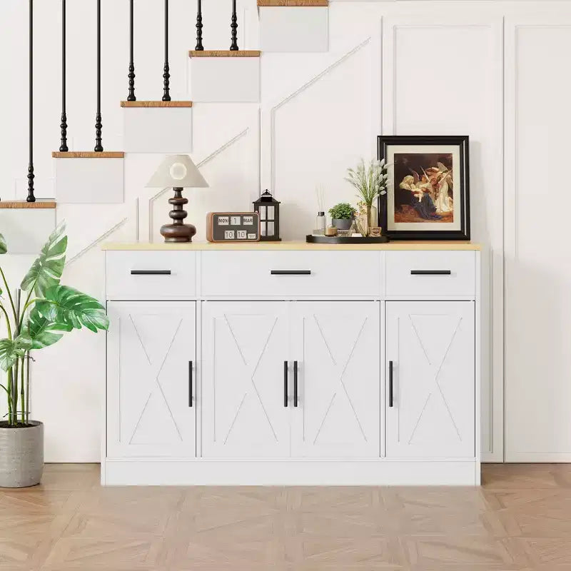 Credenza Celebalcony con contenitore, grande mobile da cucina da 53.4 con 3 cassetti e 4 ante, ripiano regolabile per cucina e soggiorno