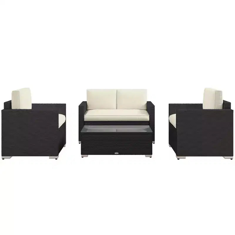 4-teiliges Rattan-Sofaset, Patio-Sofaset aus Korbgeflecht mit Zweisitzersofa, Sesseln und Couchtisch mit Glasplatte für den Garten und Außenbereich