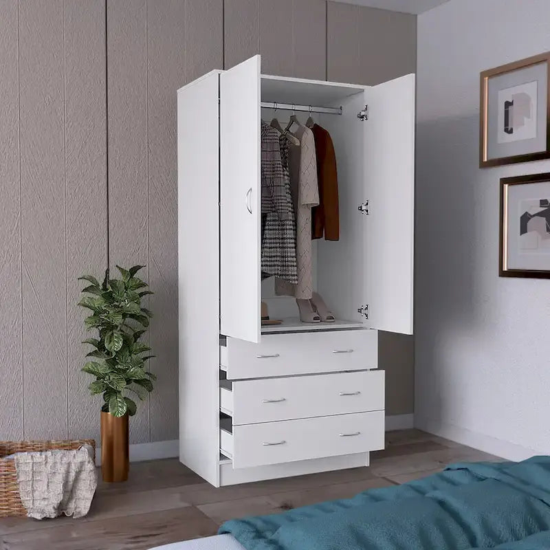 Armoire moderne à deux portes de 19 avec 3 tiroirs et 1 tringle à vêtements pour chambre