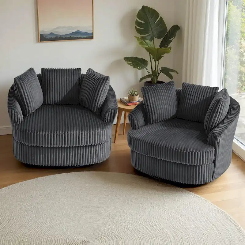Ensemble de 2 fauteuils tonneaux pivotants extra-larges en velours côtelé moelleux de 43 W avec coussins
