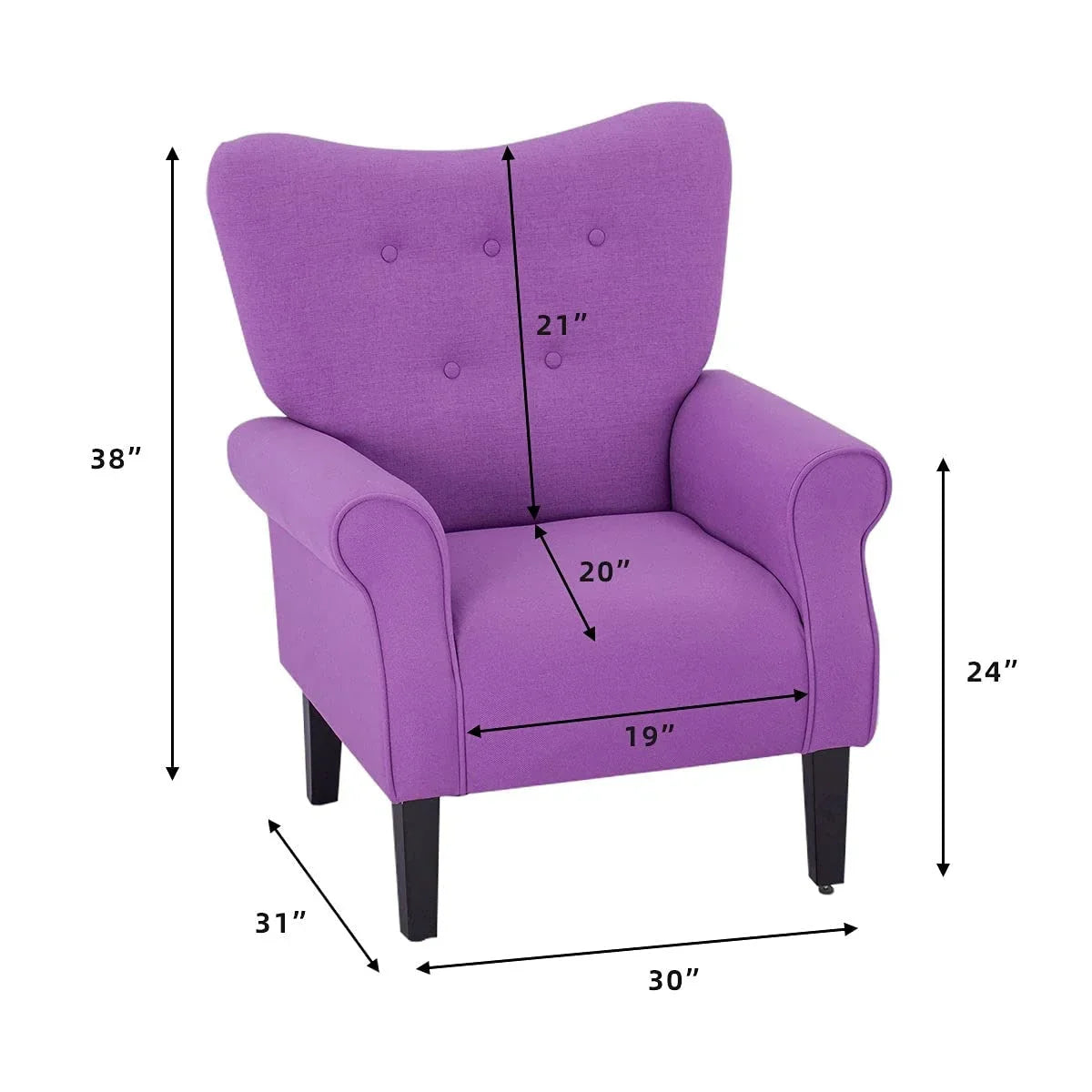 Erommy moderne fauteuil, fauteuil met hoge rugleuning, gestoffeerde eenzitsbank met knopen en houten poten voor de woonkamer