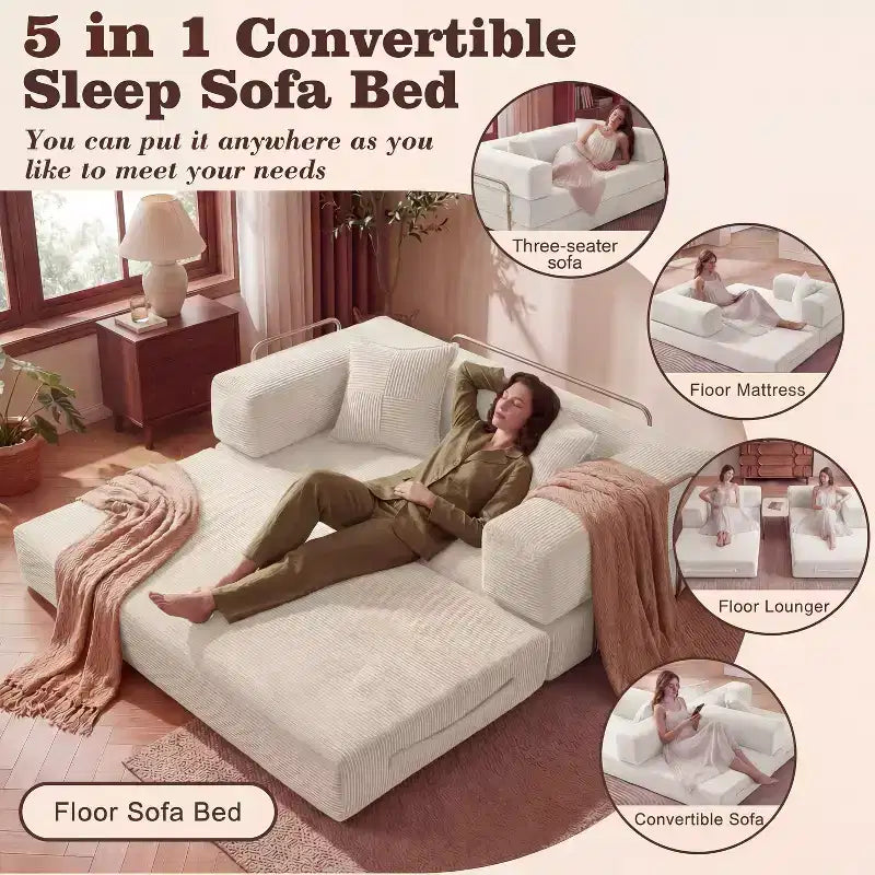 Dyonery 65-Zoll-Fünf-in-eins-Klappsofabett für den Boden, zum Doppelbett-Sofabett umwandelbar, mit festem Metallrahmen, Cord
