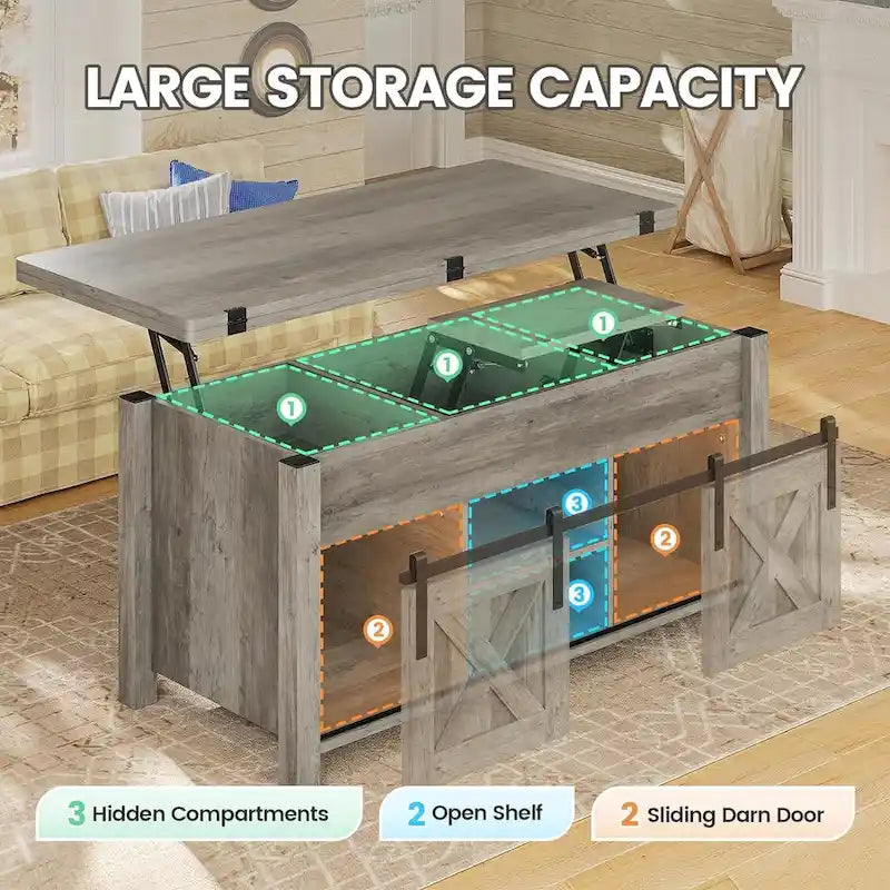 Table basse relevable avec 2 portes coulissantes de style grange, rangement et table à manger