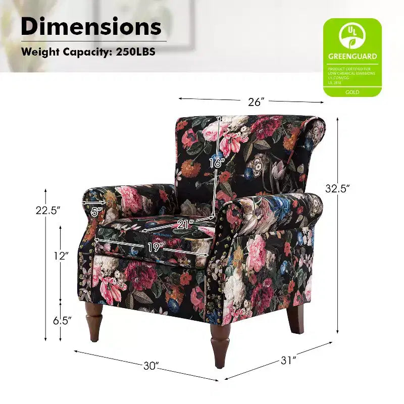 Araceli traditionele houten fauteuil met bloemenstof, hoge rugleuning met vleugels en siernagels| ART OF LIVING DESIGNS