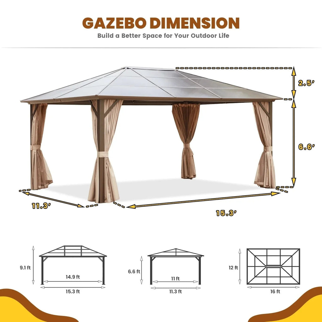 EROMMY hardtop-paviljoen, pergola voor buiten met dubbel dak, netten en gordijnen, extra stevig zonnescherm voor terras, achtertuin en zwembadfeest
