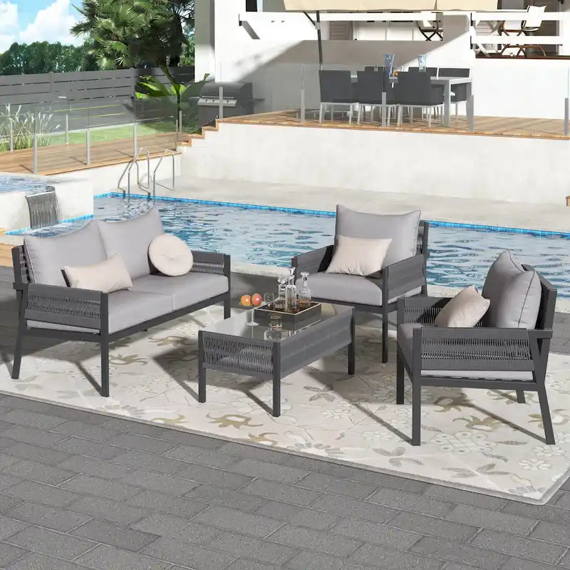 4-delige tuinmeubelset, loungeset voor buiten met tafel van gehard glas, diepe zit en dikke kussens