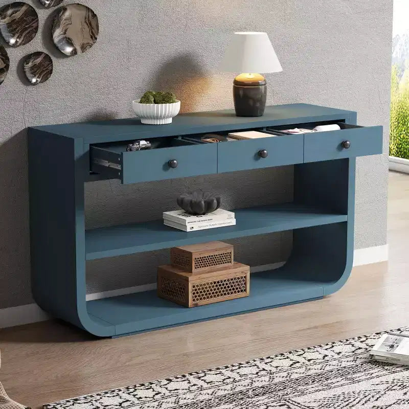 ModernLuxe gebogen sidetable, haltafel, bijzettafel naast de bank, displaystandaard en accenttafel met 3 softclose-lades en 2 open vakken