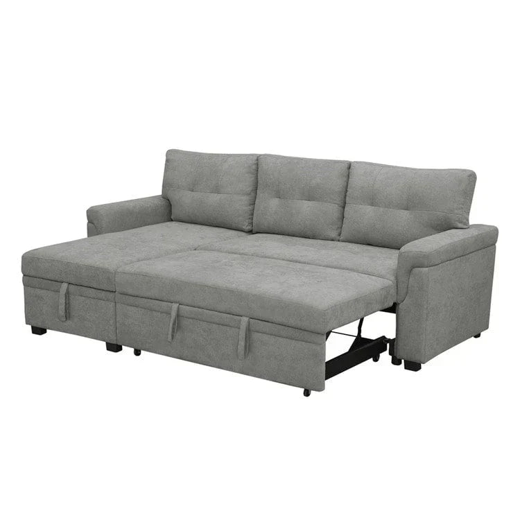 Umbaubares, beidseitig montierbares Ecksofa mit ausziehbarem Schlafbett, verstecktem Stauraum in der Recamiere und robusten Beinen
