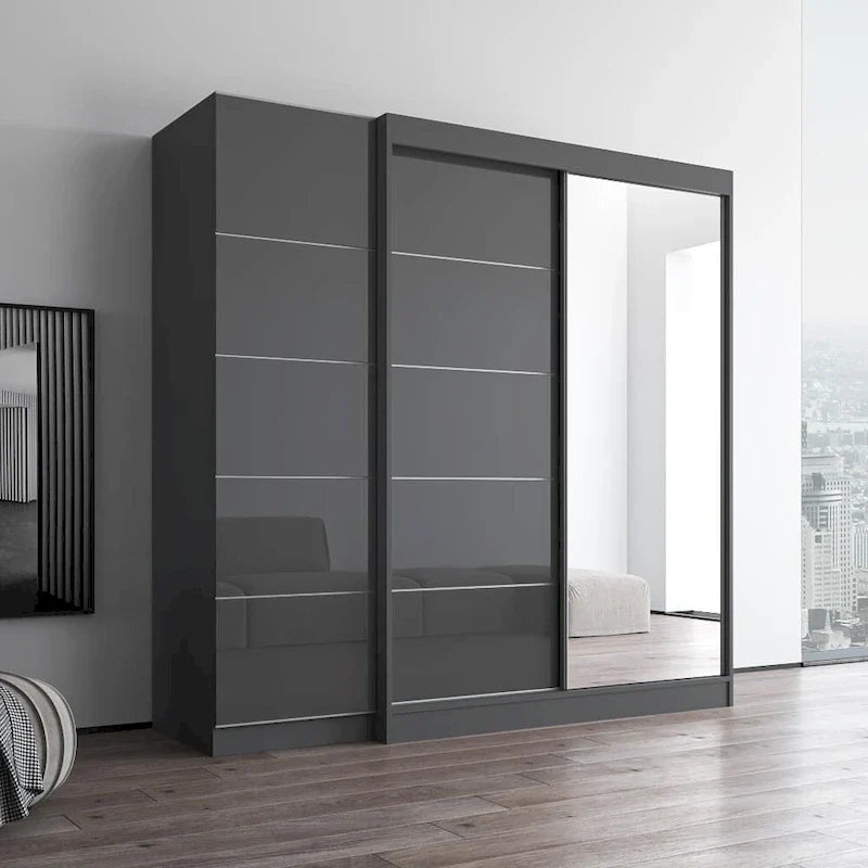 Armoire à 2 portes avec miroir et façade en verre, pour 2 personnes (gris / noir / blanc)