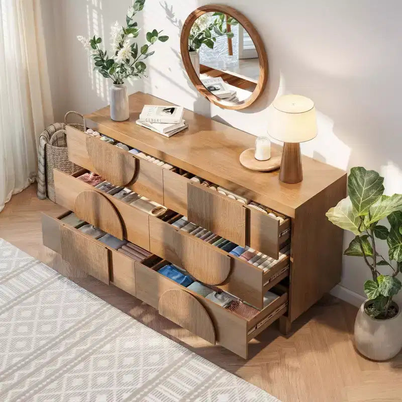Moderne geometrische Kommode mit 6 Schubladen, breiter Stauraumschrank mit Halbkreismuster für Schlafzimmer und Wohnzimmer