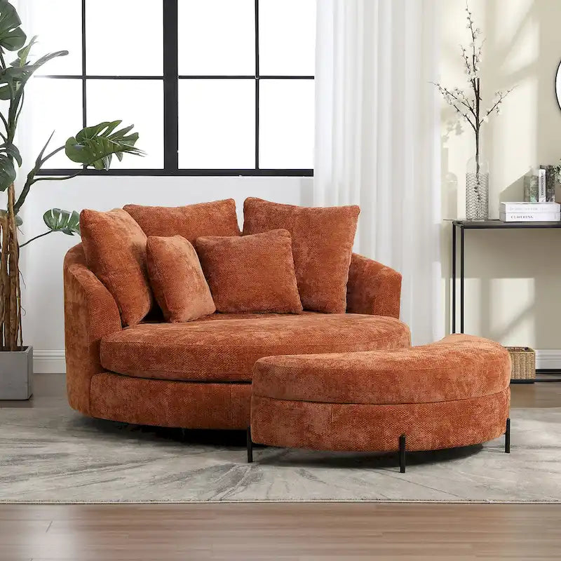 Fauteuil canapé moderne rond de style tonneau avec 5 coussins et pouf en option