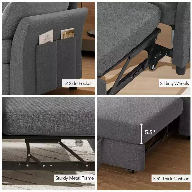 Divano letto Dyonery 51 3 in 1, divanetto trasformabile con letto estraibile, schienale regolabile, rivestimento in lino