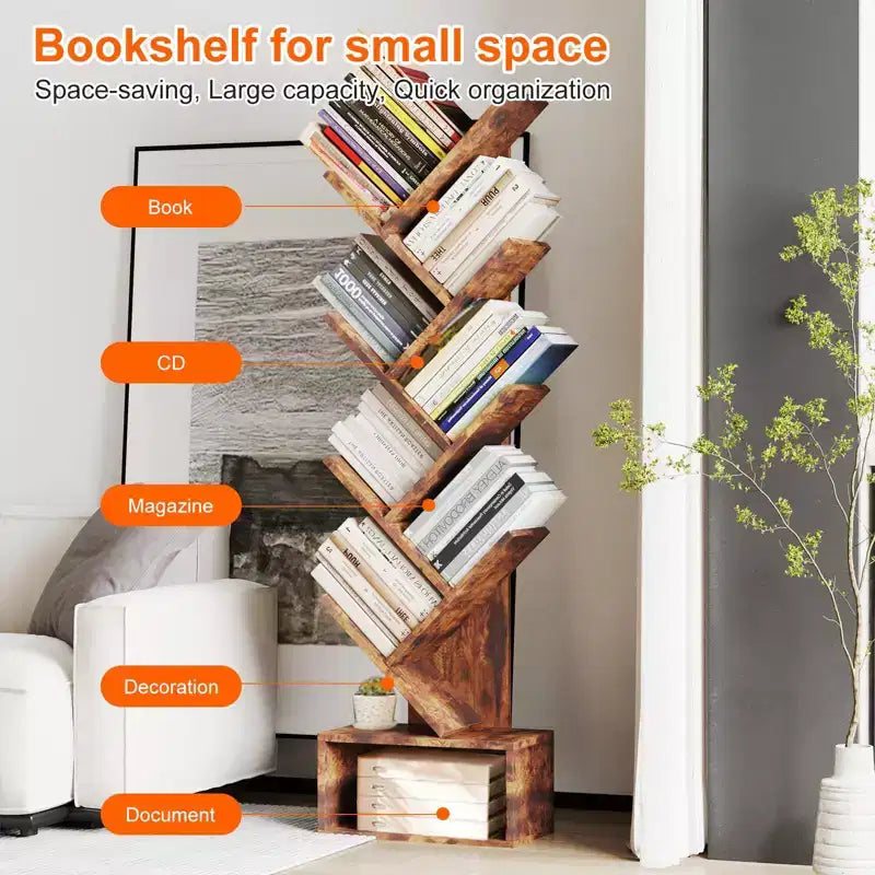 Baumförmiges Bücherregal mit 8 Ebenen, offenes Regal im rustikalen Stil, ideal für Wohnzimmer, Schlafzimmer und Büros