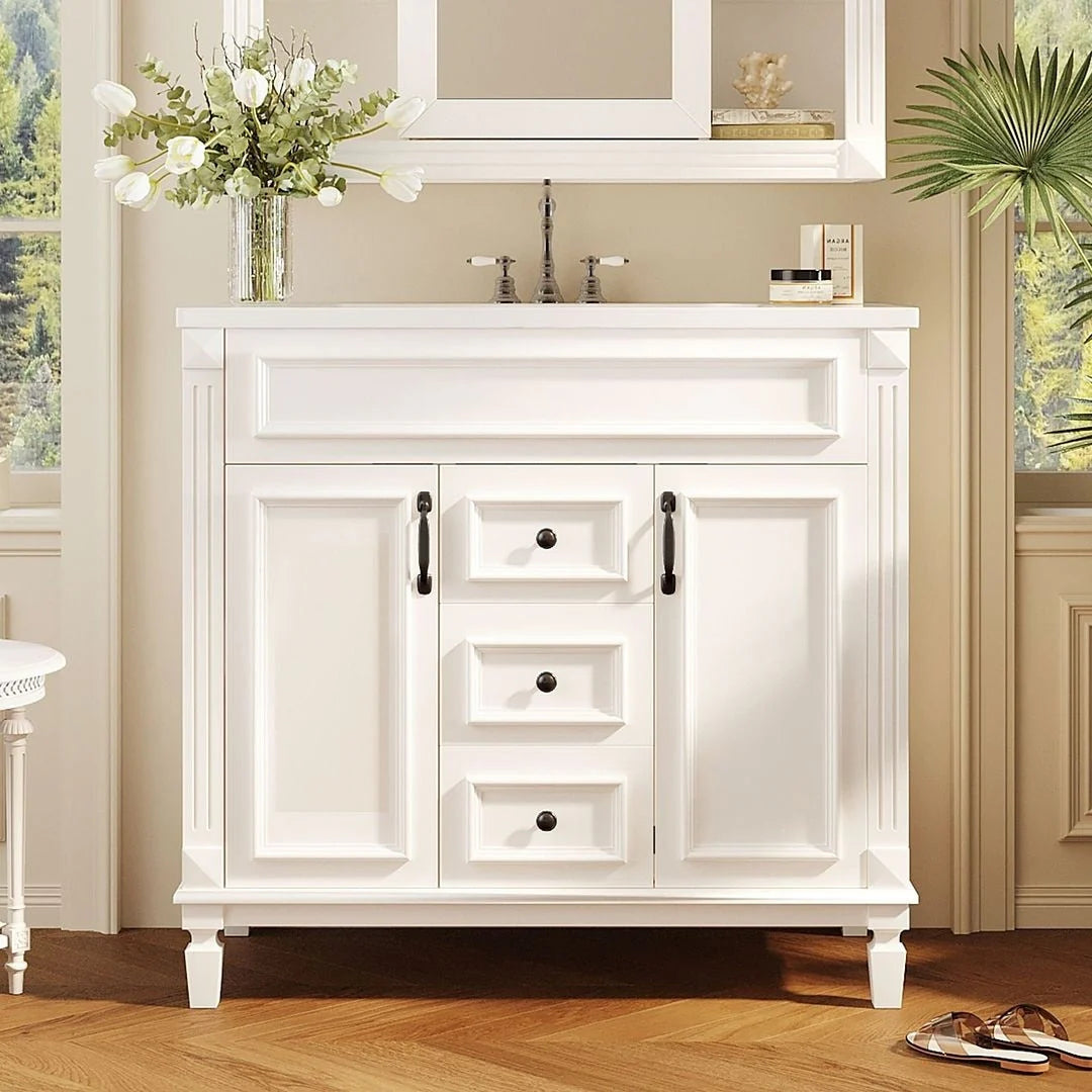 Mobile bagno moderno da 36 con lavabo integrato e specchiera, 2 ante e 2 cassetti