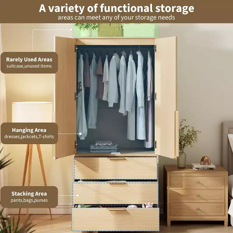 Armoire à 2 portes avec 3 tiroirs et tringle