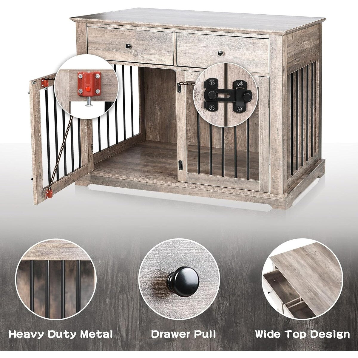 Cuccia per cani BOSSIN da 44 pollici, mobile in legno con tavolino laterale e cassetti contenitori, cuccia decorativa per animali domestici