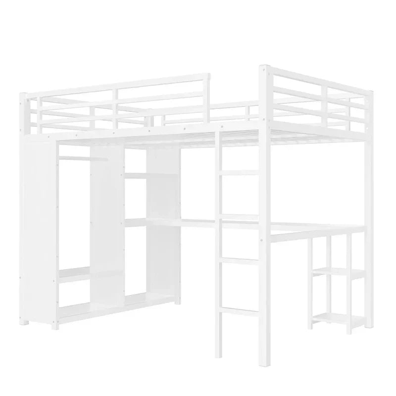 Hoogslaper voor queensize bed - ingebouwde kledingkast en bureau, metalen frame met planken
