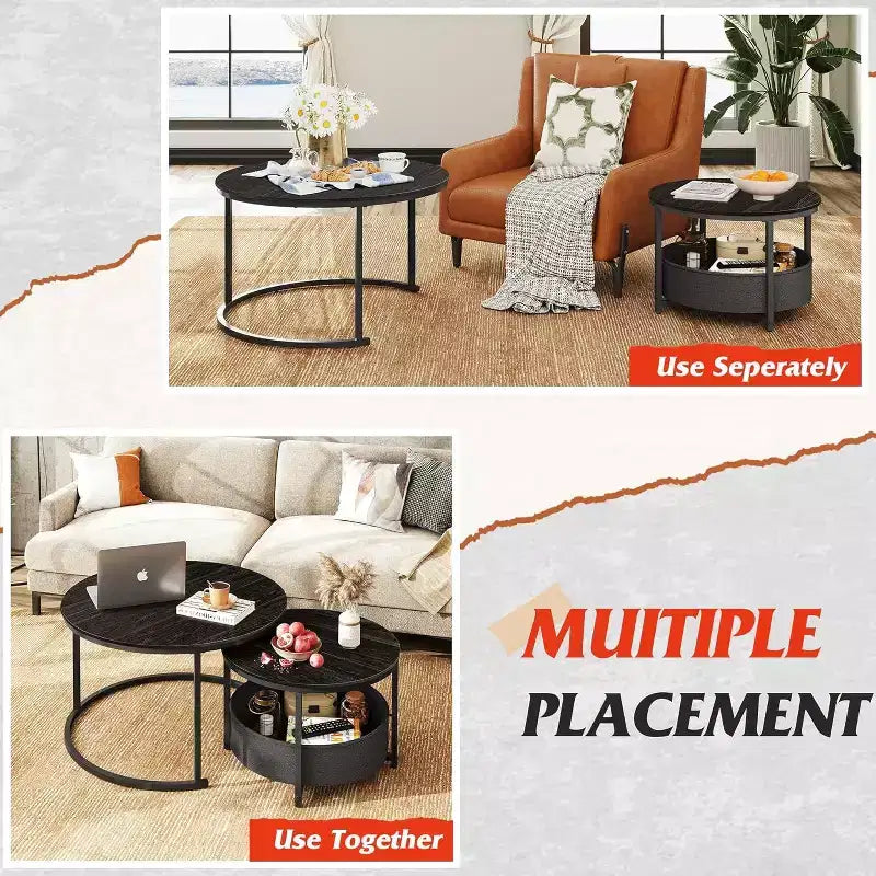 GALAXHERO set van 2 ronde nesttafels - salontafels van 31.5 met opbergruimte en metalen frame voor woonkamer/appartement